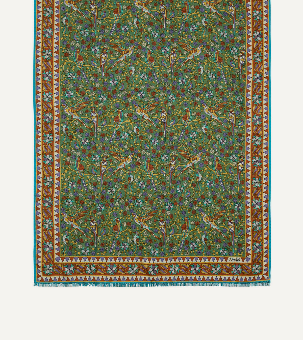 Drake's Green Birds and Flowers Print Wool-Silk Scarf