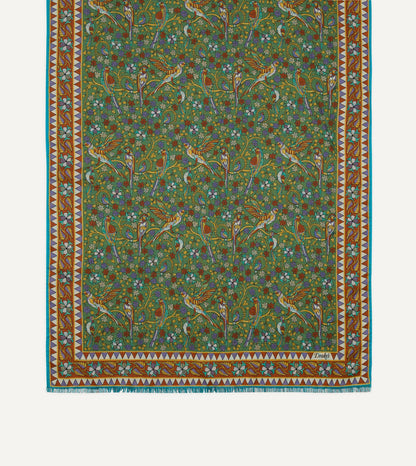 Drake's Green Birds and Flowers Print Wool-Silk Scarf