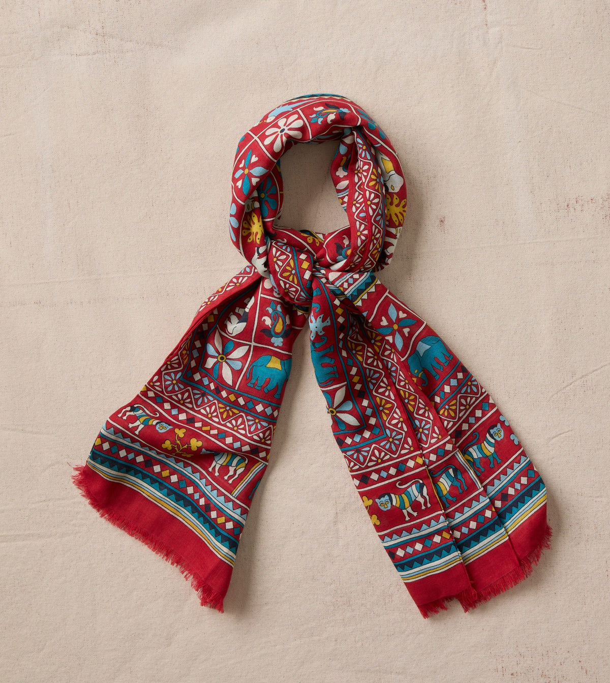 Drake's Red Elephants and Flowers Print Wool-Silk Scarf