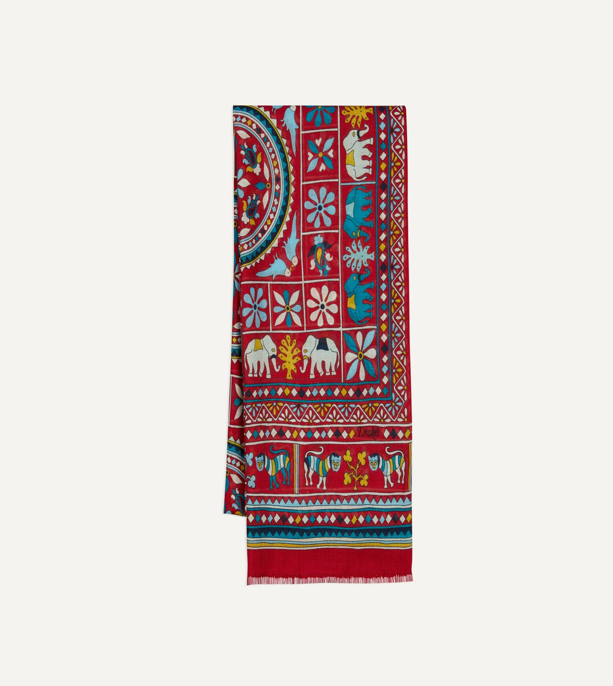 Drake's Red Elephants and Flowers Print Wool-Silk Scarf
