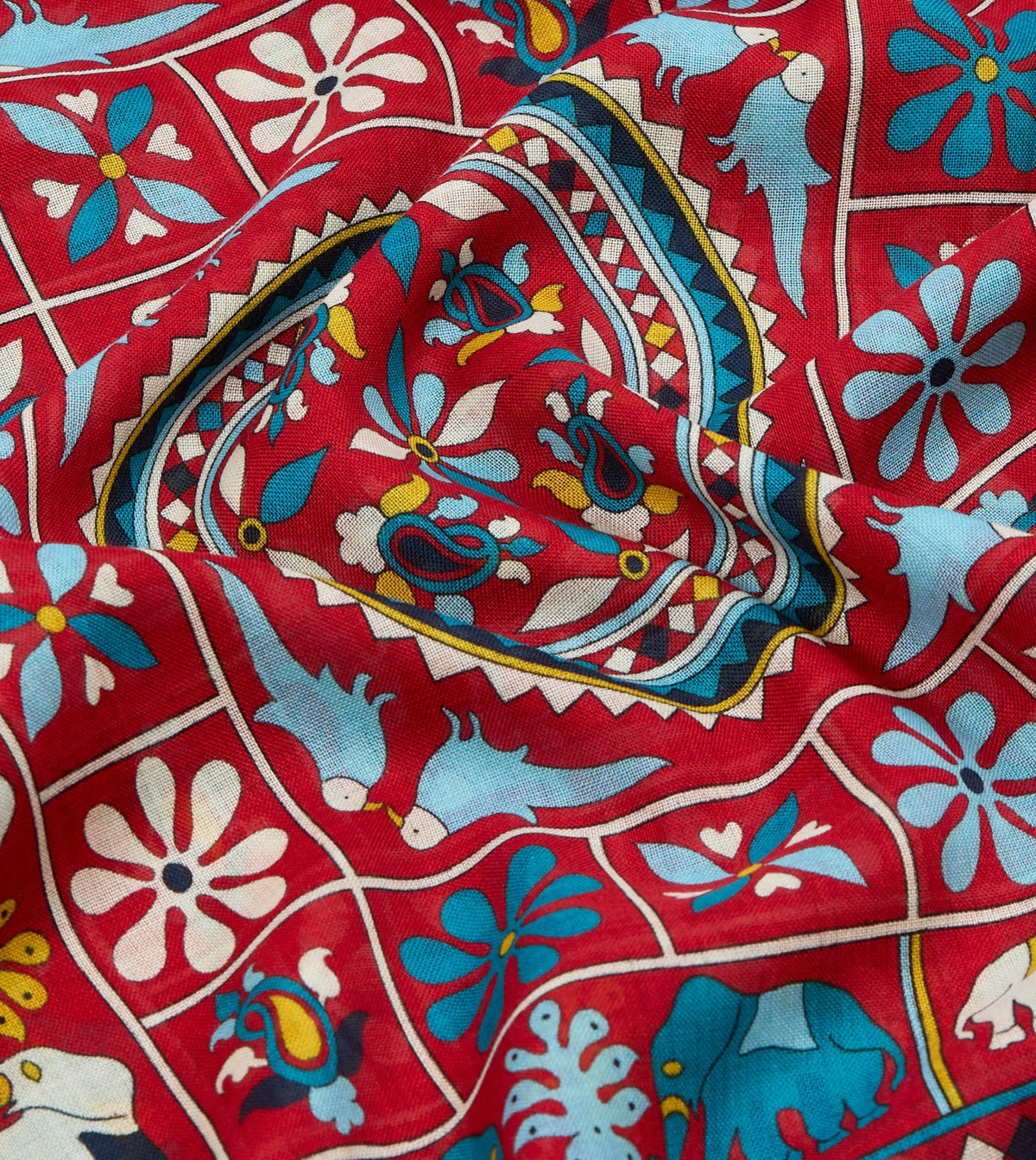 Drake's Red Elephants and Flowers Print Wool-Silk Scarf