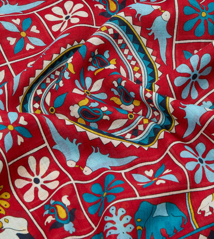 Drake's Red Elephants and Flowers Print Wool-Silk Scarf