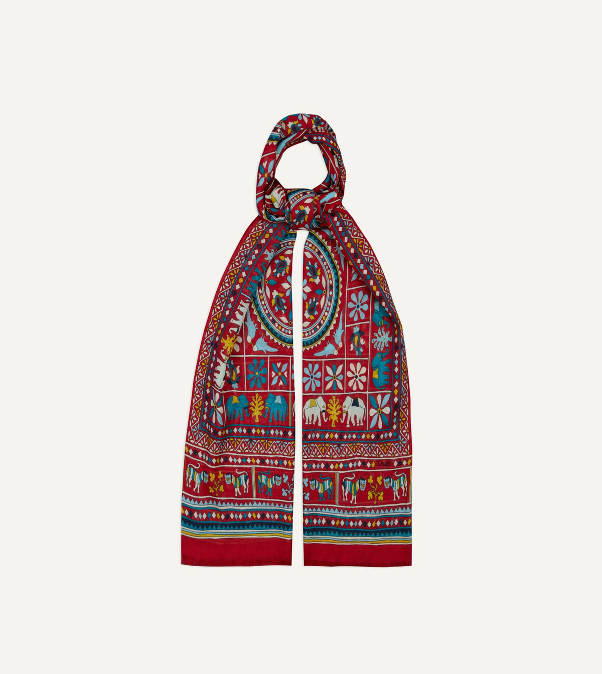 Drake's Red Elephants and Flowers Print Wool-Silk Scarf