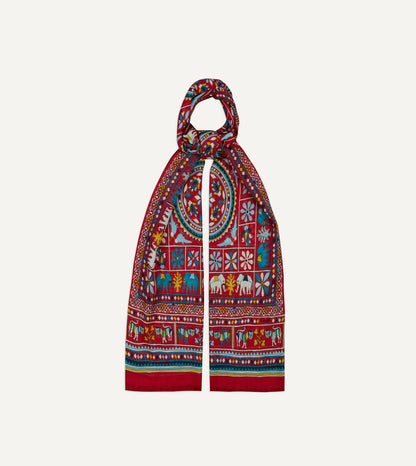 Drake's Red Elephants and Flowers Print Wool-Silk Scarf