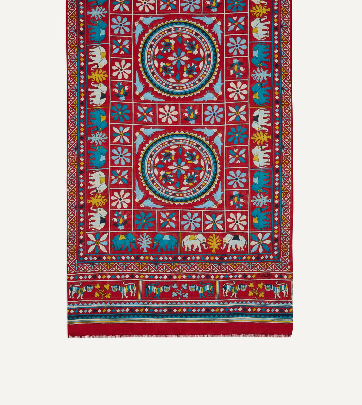 Drake's Red Elephants and Flowers Print Wool-Silk Scarf