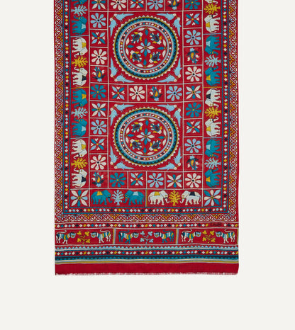 Drake's Red Elephants and Flowers Print Wool-Silk Scarf