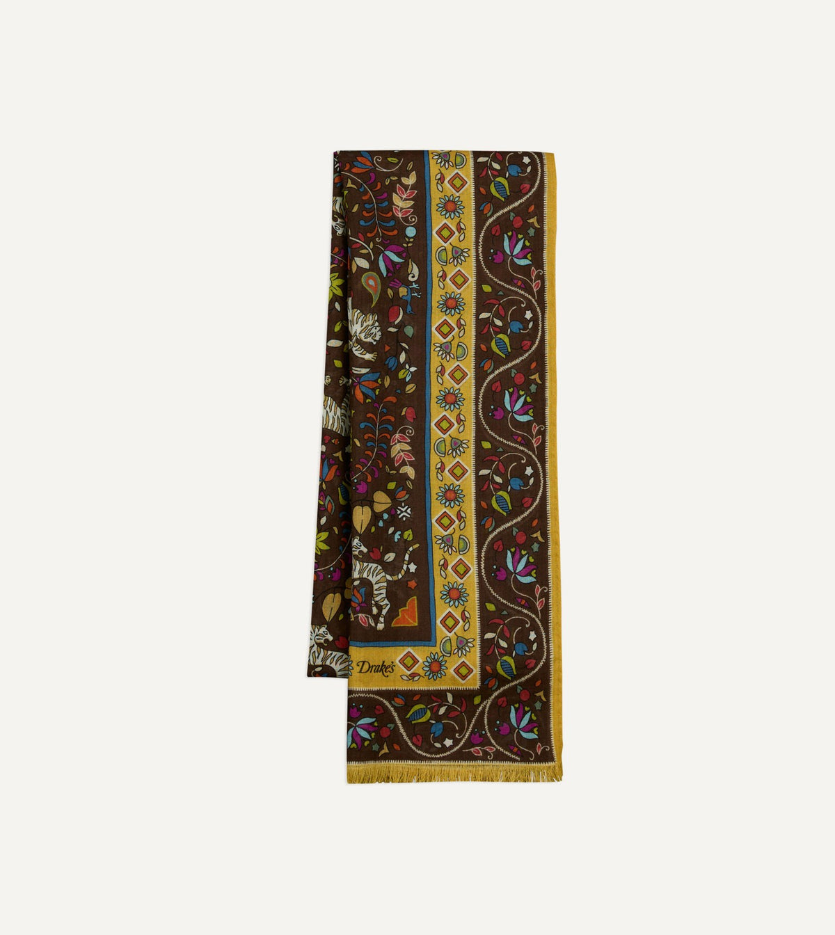 Drake's Brown Tiger Garden Print Wool Silk Scarf