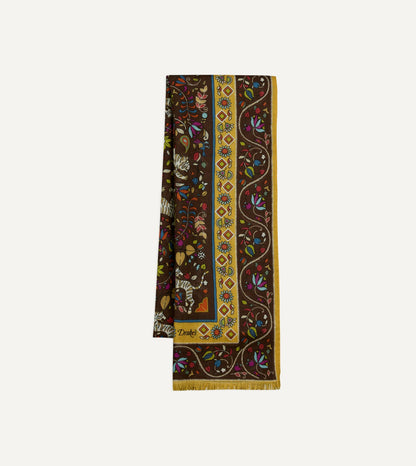 Drake's Brown Tiger Garden Print Wool Silk Scarf