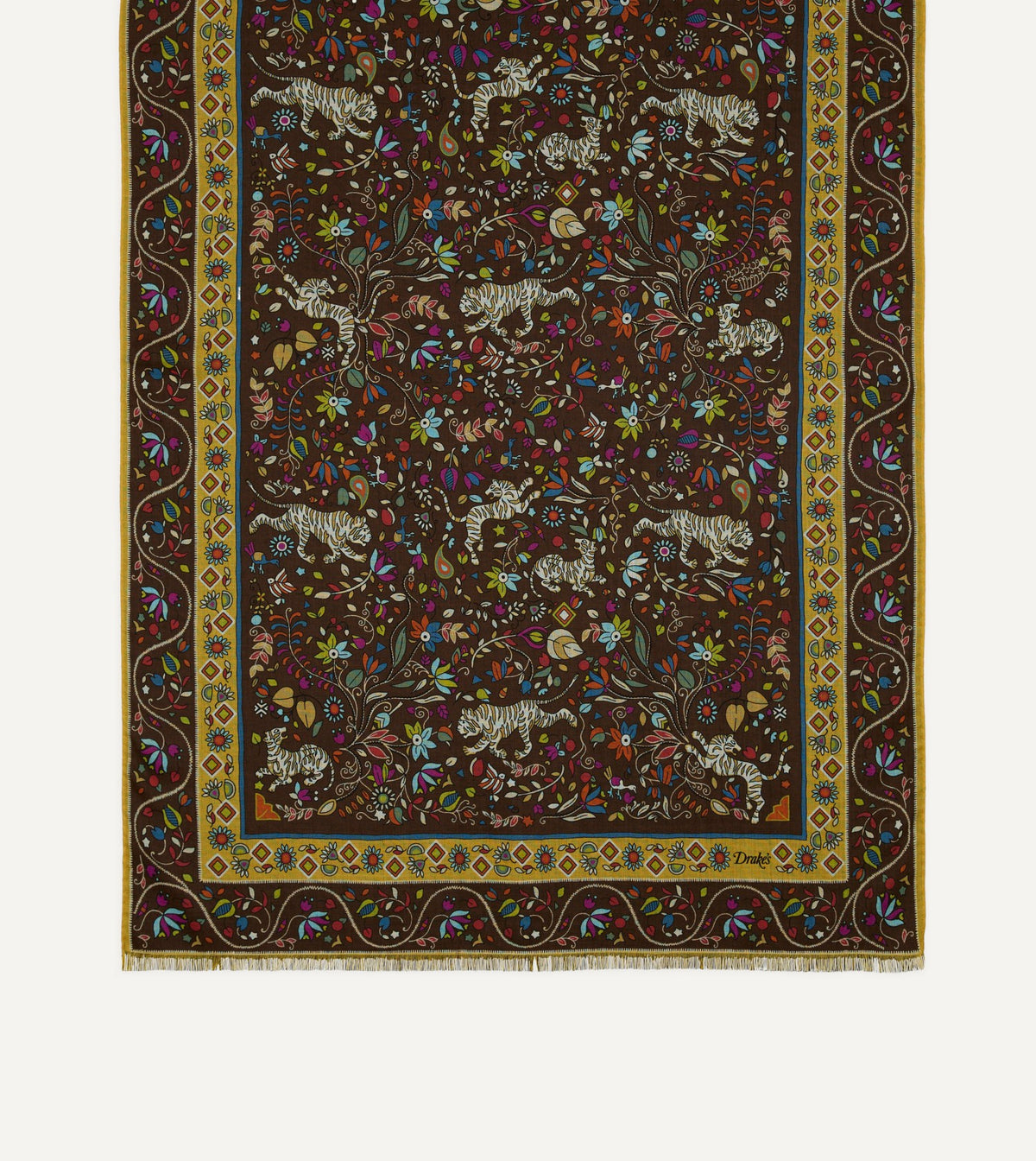 Drake's Brown Tiger Garden Print Wool Silk Scarf