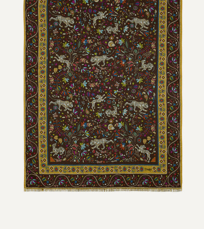 Drake's Brown Tiger Garden Print Wool Silk Scarf
