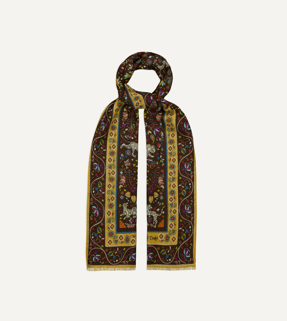 Drake's Brown Tiger Garden Print Wool Silk Scarf