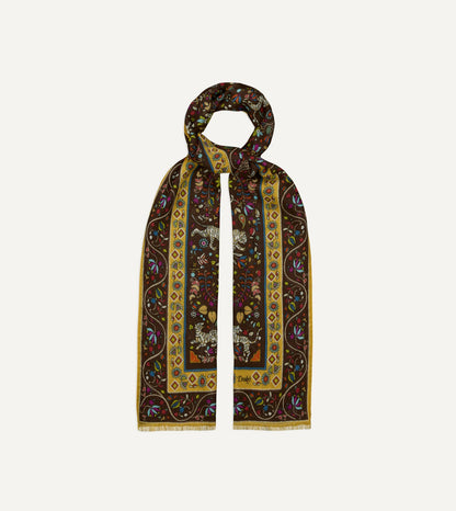 Drake's Brown Tiger Garden Print Wool Silk Scarf