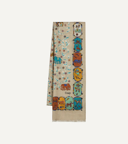 Drake's Ecru Loose Animal Print Wool-Silk Scarf