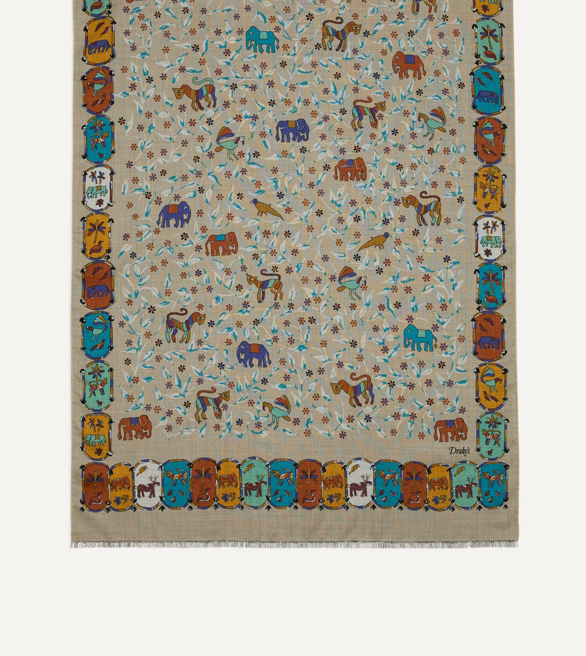 Drake's Ecru Loose Animal Print Wool-Silk Scarf