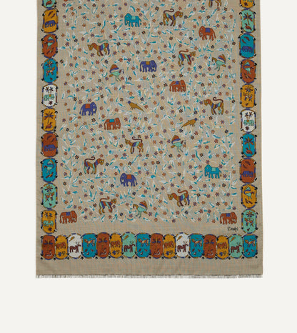 Drake's Ecru Loose Animal Print Wool-Silk Scarf