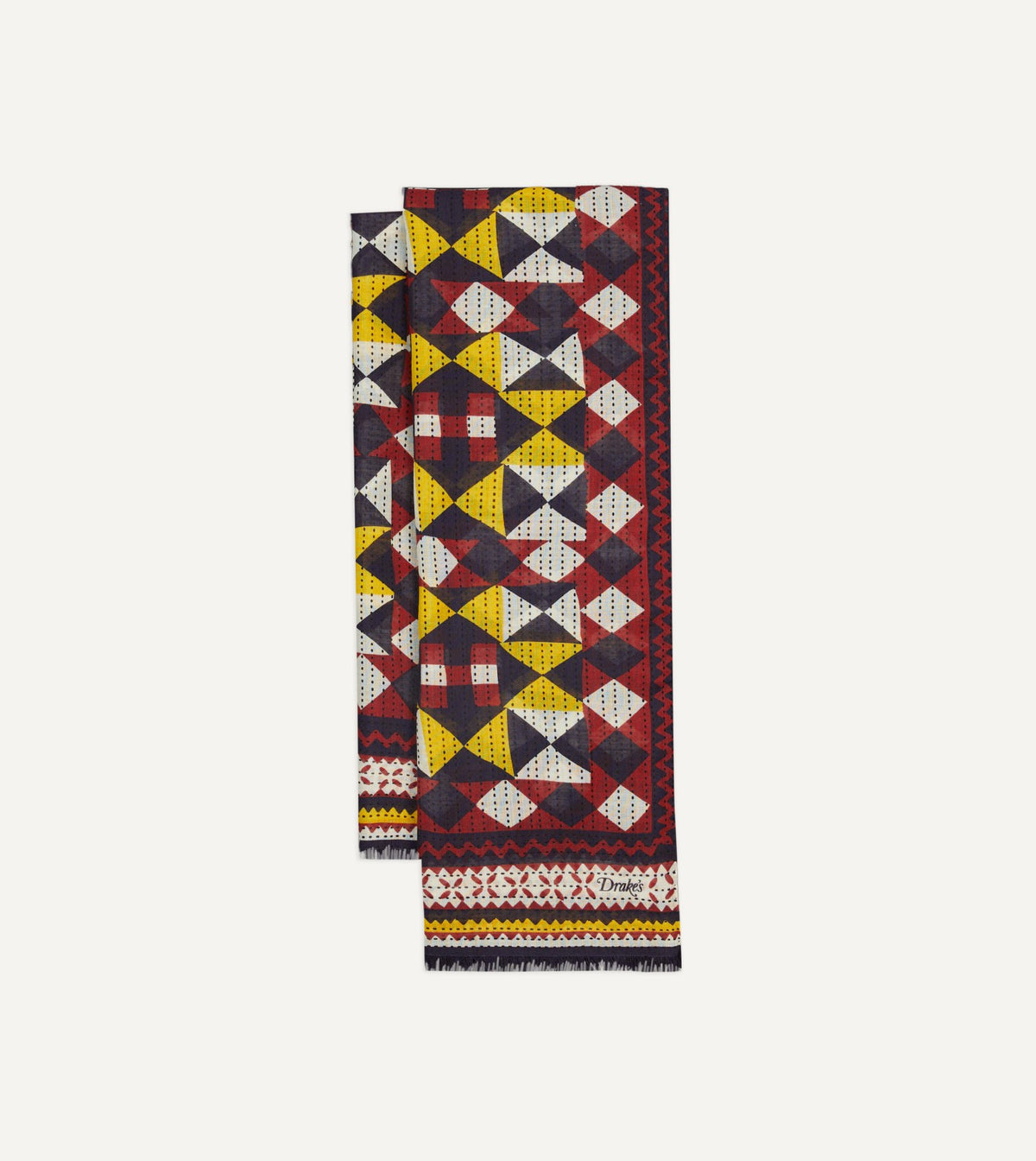 Drake's Red and Yellow Patchwork Print Wool-Silk Scarf