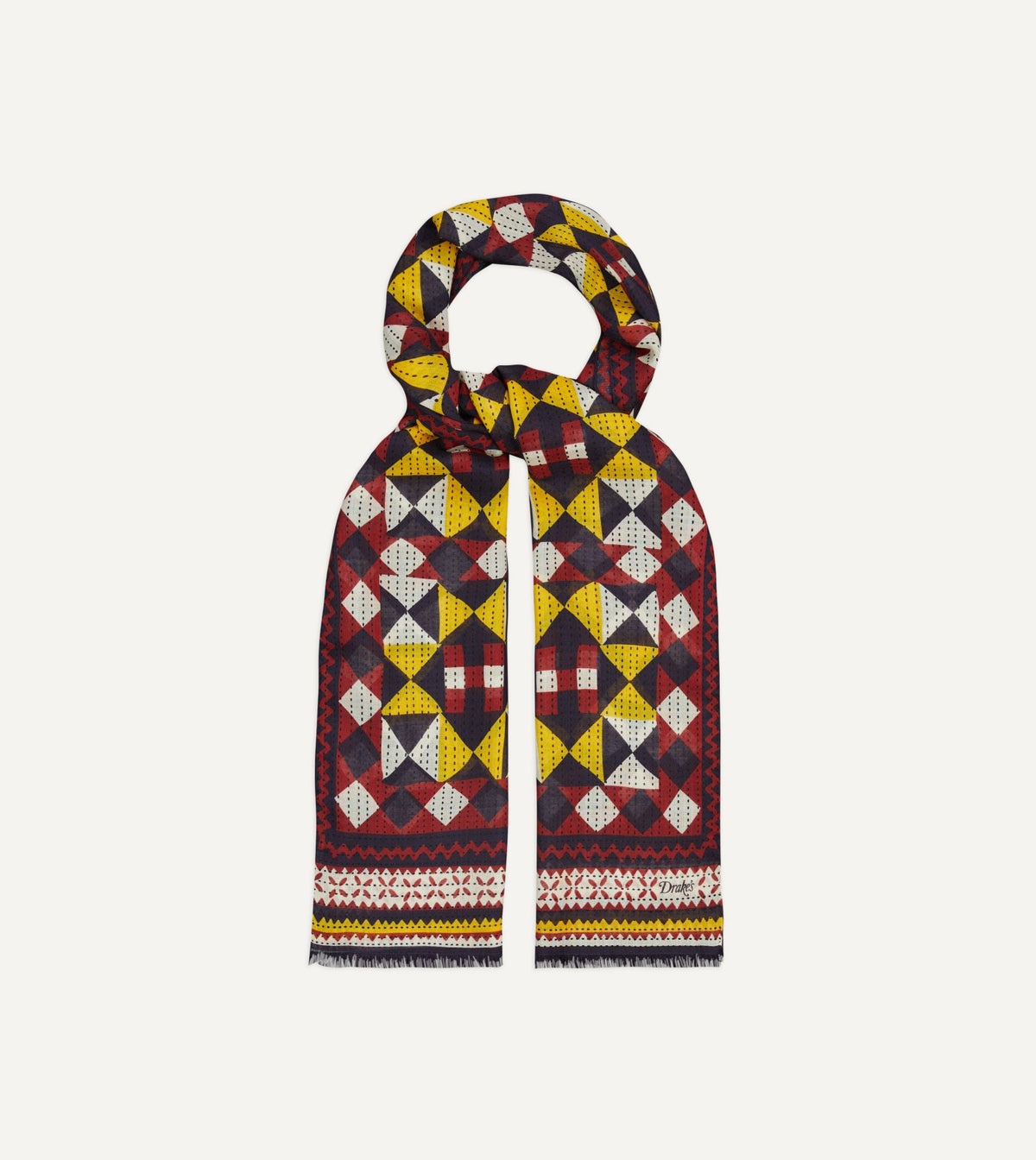Drake's Red and Yellow Patchwork Print Wool-Silk Scarf