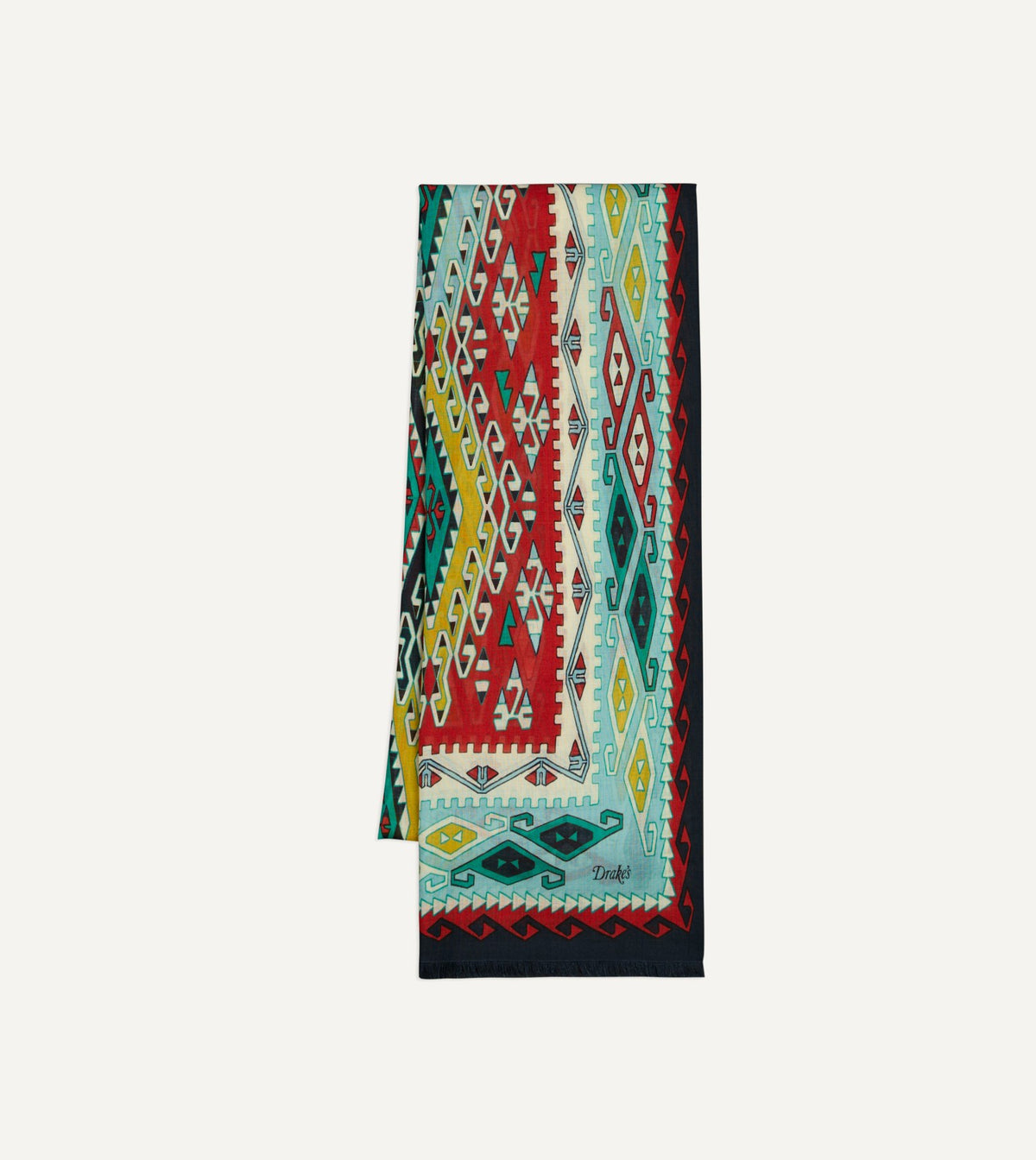 Drake's Navy Kilim Print Tubular Wool Silk Scarf