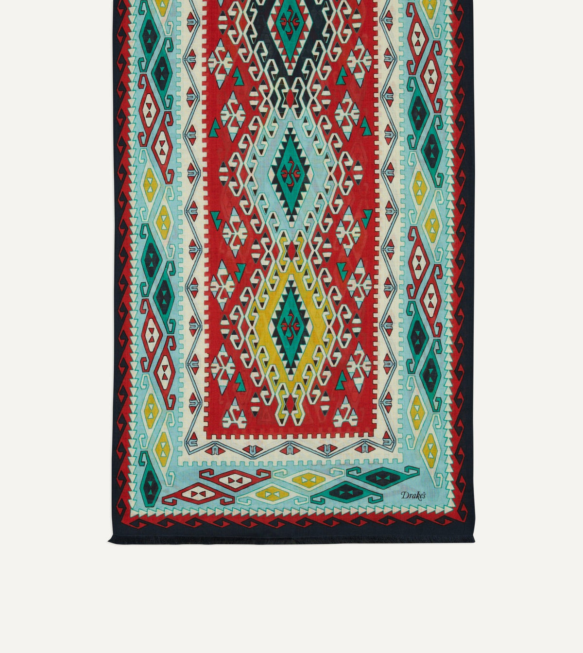 Drake's Navy Kilim Print Tubular Wool Silk Scarf