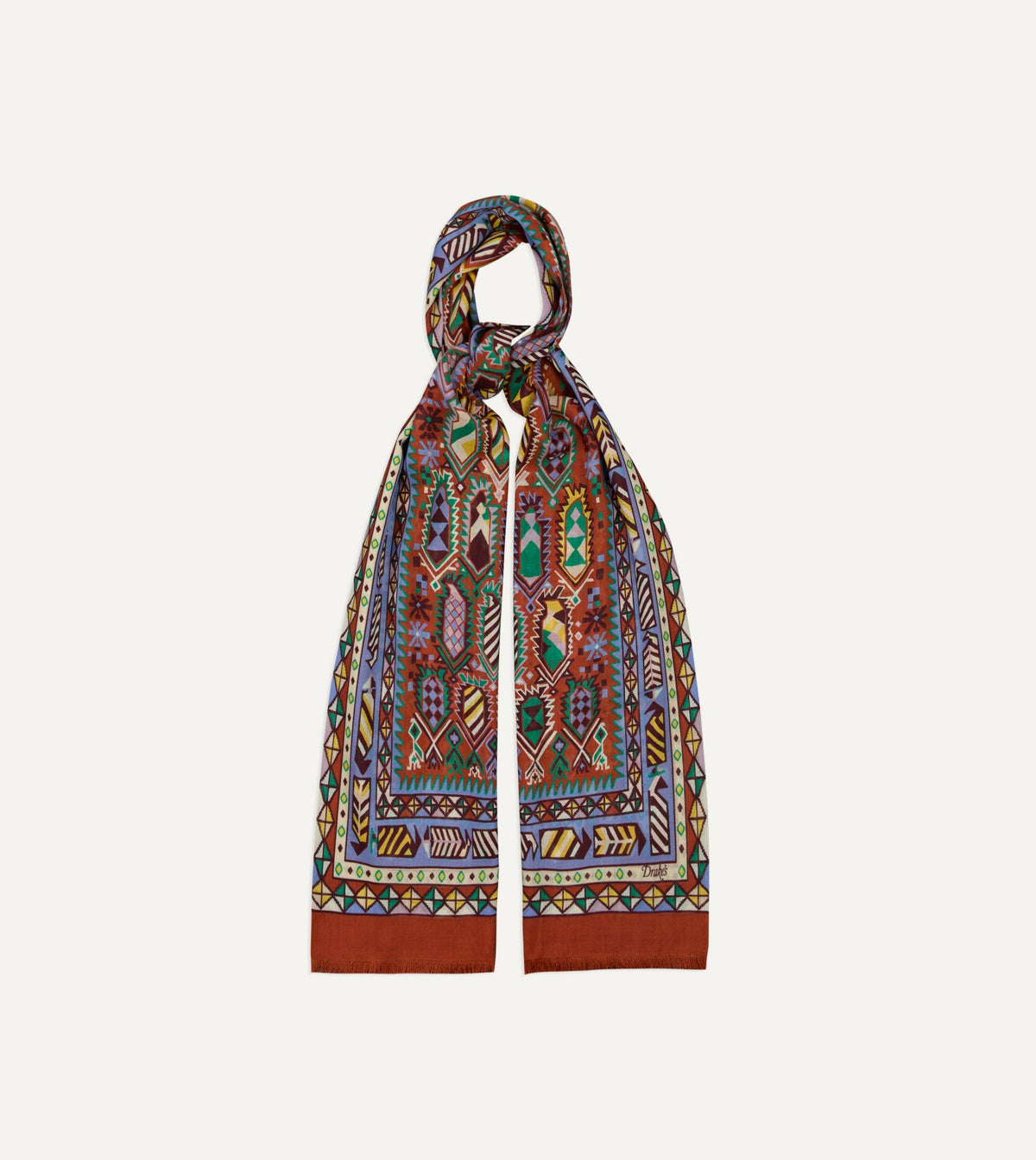 Drake's Rust Rug Print Tubular Wool-Silk Scarf