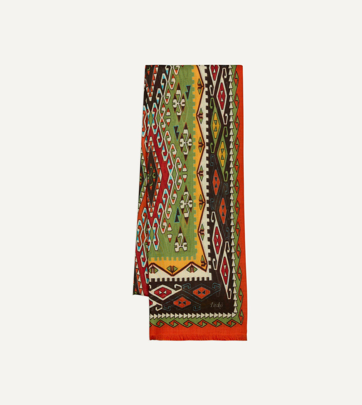 Drake's Red Kilim Print Tubular Wool Silk Scarf