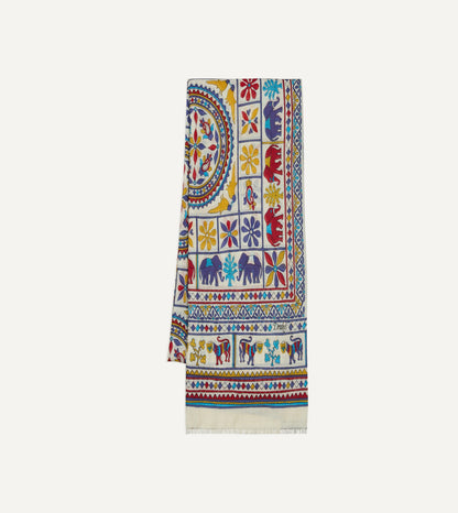 Drake's Ecru Elephants and Flowers Print Wool-Silk Scarf