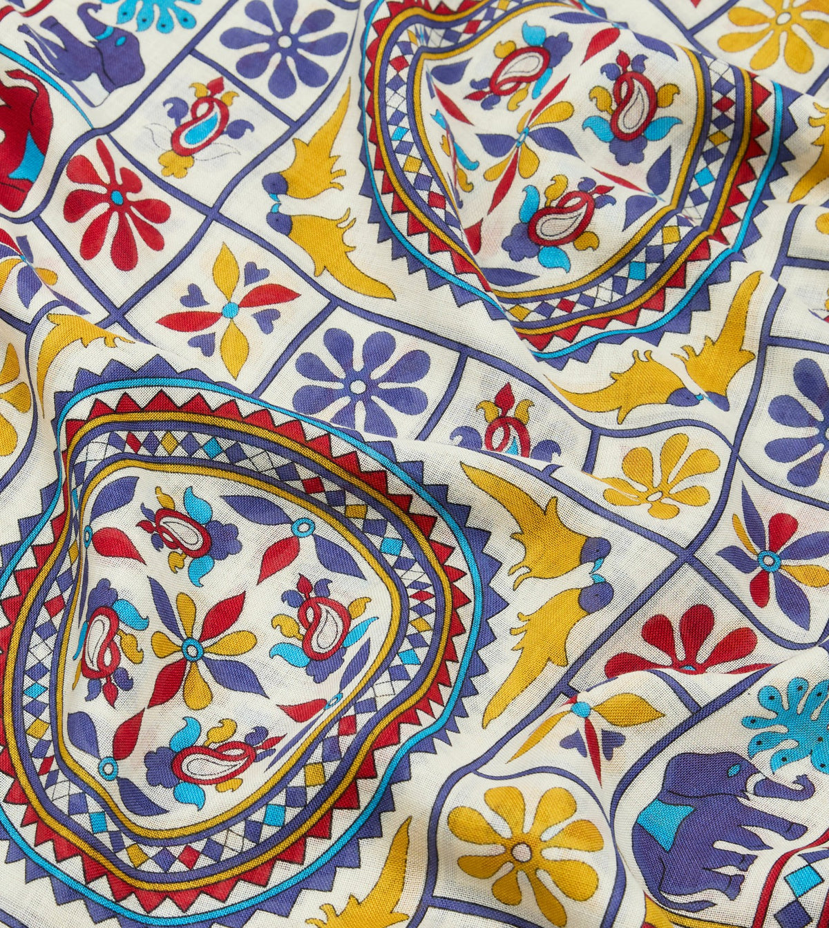 Drake's Ecru Elephants and Flowers Print Wool-Silk Scarf