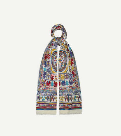 Drake's Ecru Elephants and Flowers Print Wool-Silk Scarf