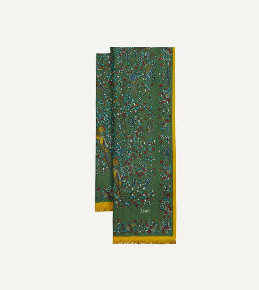 Drake's Green Birds of Paradise Print Tubular Wool Silk Scarf