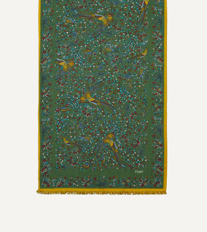 Drake's Green Birds of Paradise Print Tubular Wool Silk Scarf