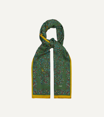 Drake's Green Birds of Paradise Print Tubular Wool Silk Scarf