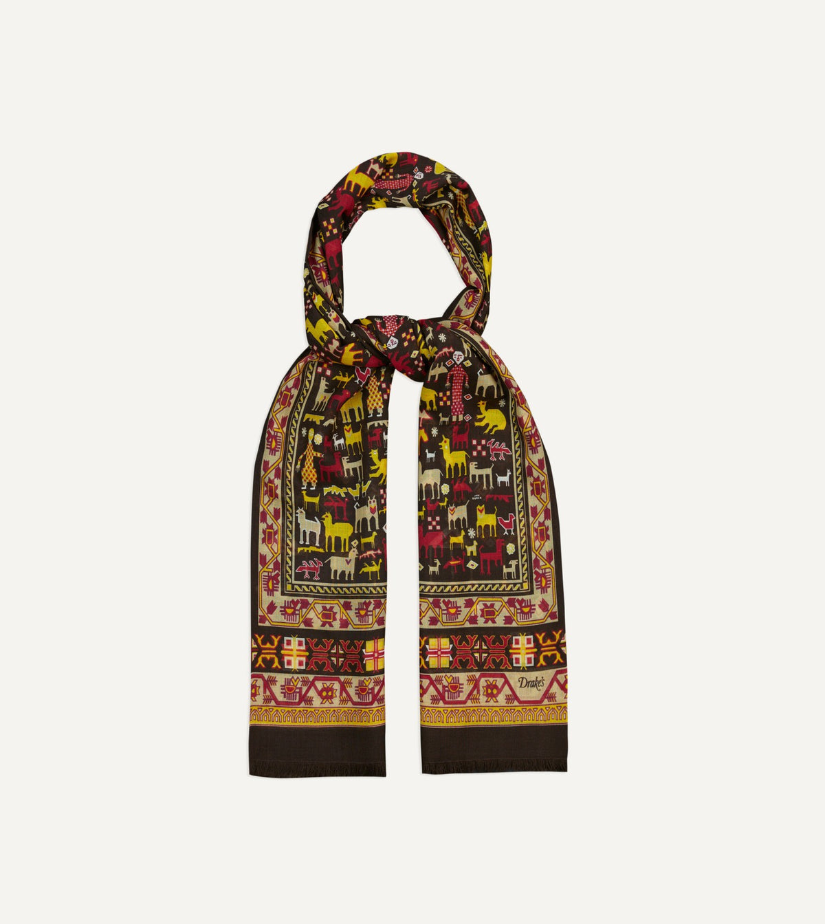Drake's Brown Shaman Print Tubular Wool-Silk Scarf