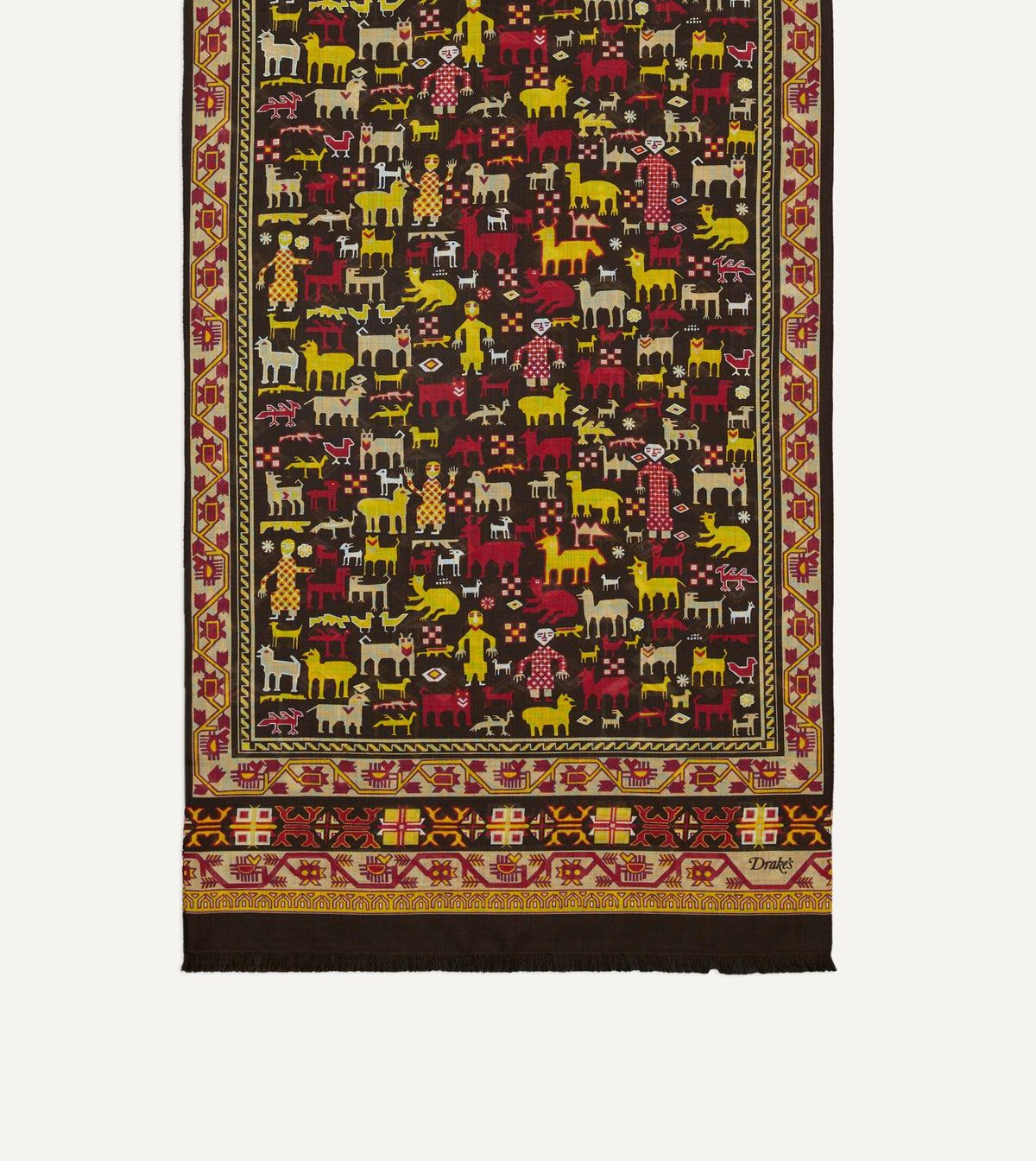 Drake's Brown Shaman Print Tubular Wool-Silk Scarf