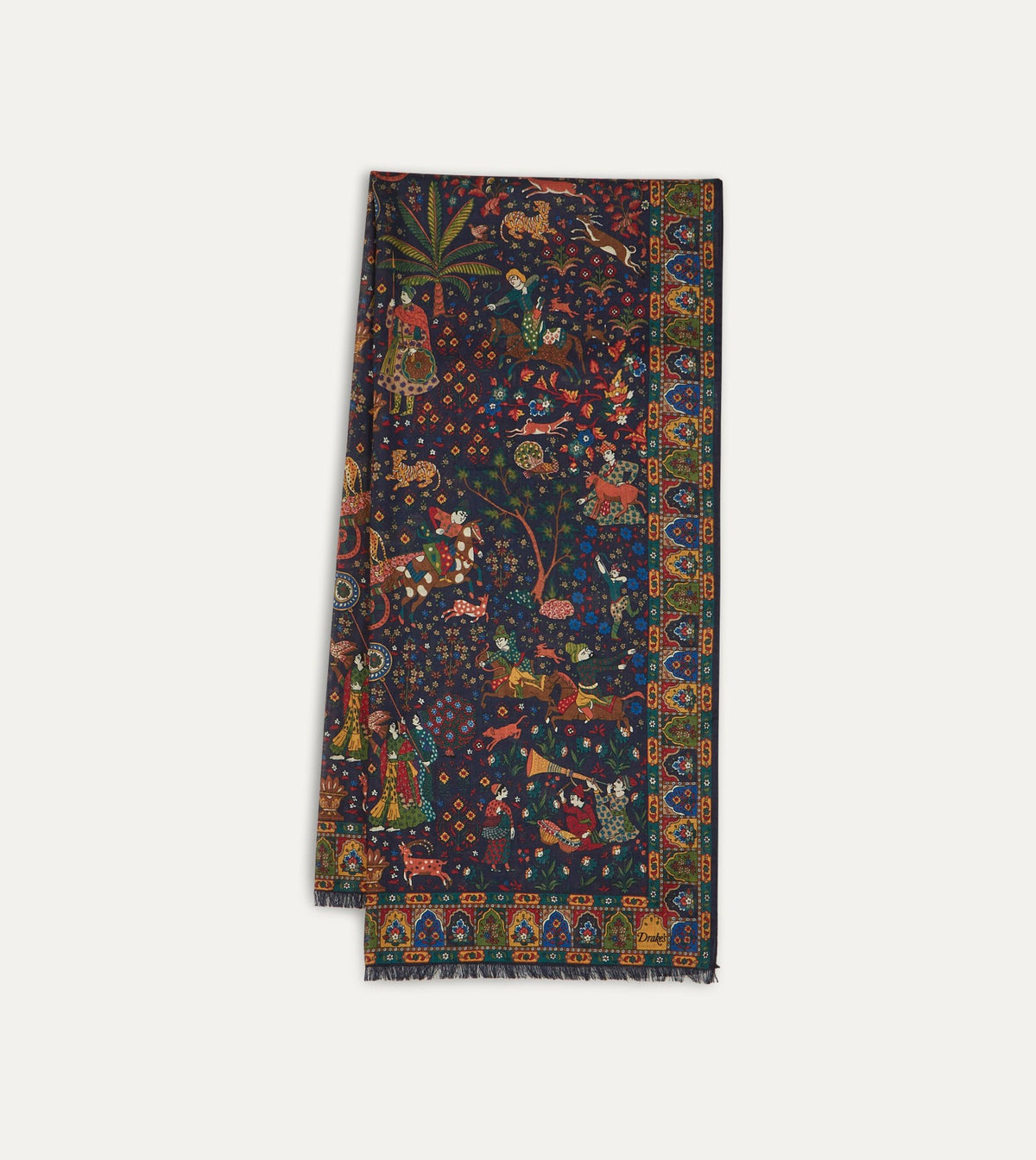 Drake's Navy Mughal Hunter Print Wool-Silk Scarf