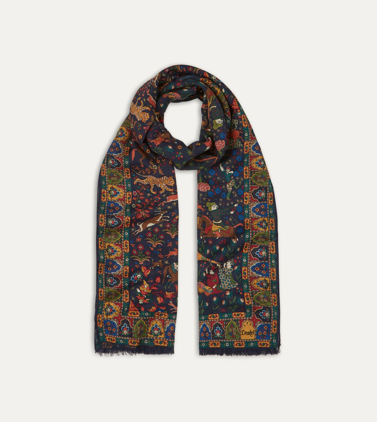 Drake's Navy Mughal Hunter Print Wool-Silk Scarf