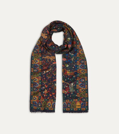 Drake's Navy Mughal Hunter Print Wool-Silk Scarf