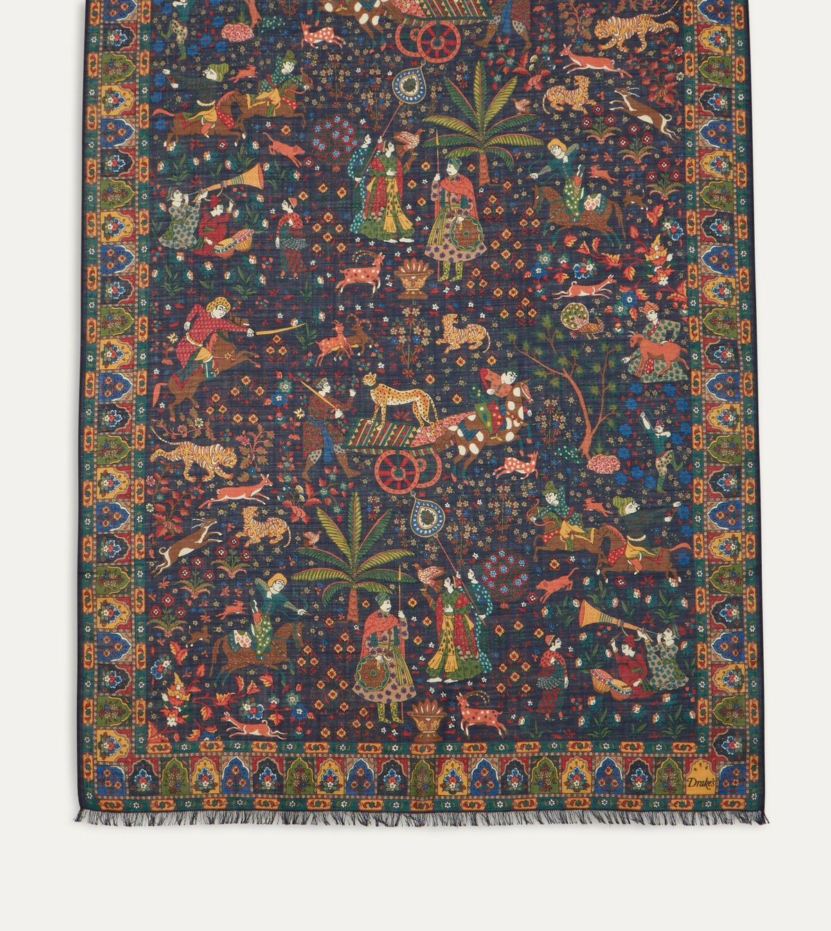 Drake's Navy Mughal Hunter Print Wool-Silk Scarf