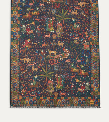 Drake's Navy Mughal Hunter Print Wool-Silk Scarf