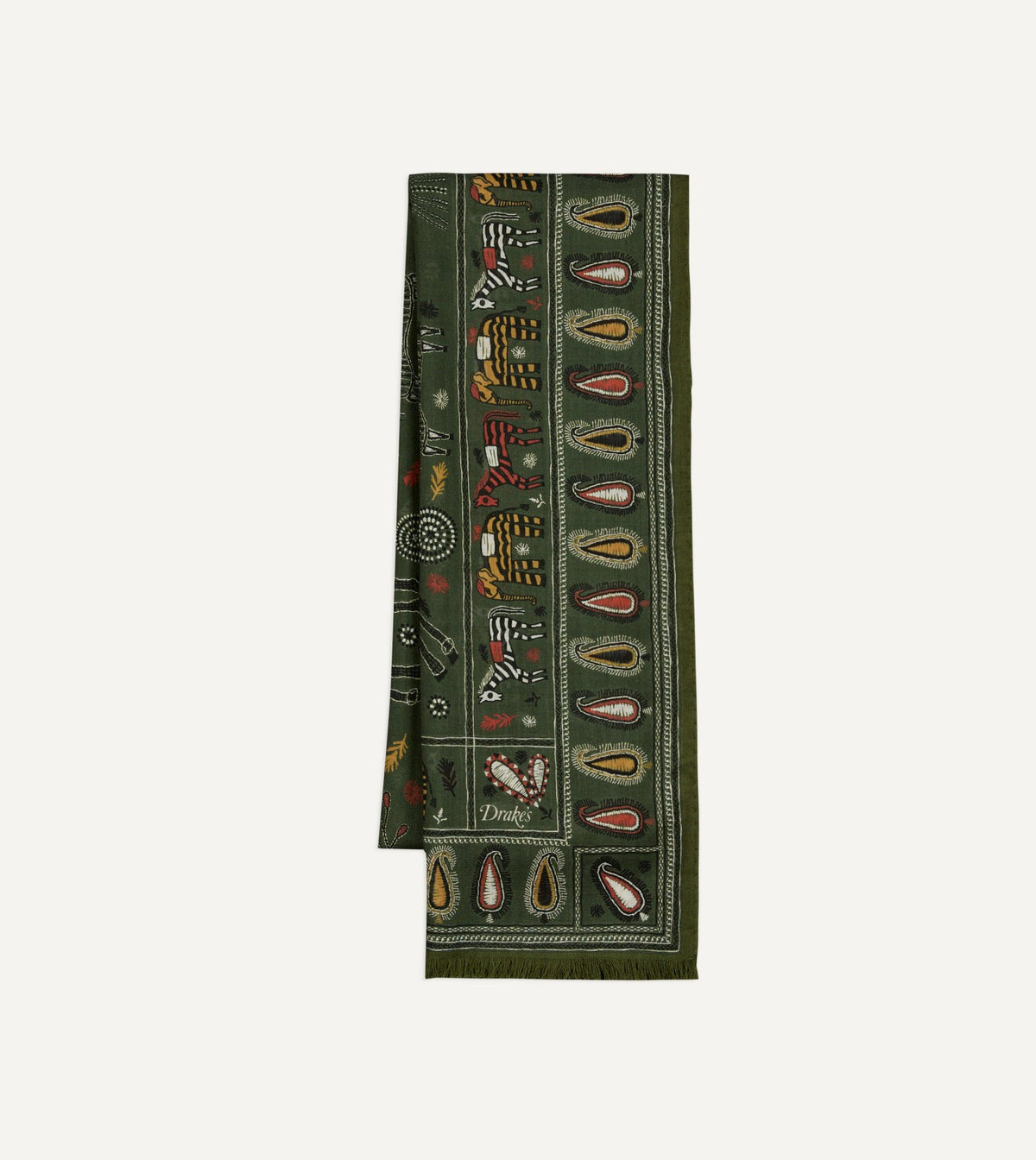 Drake's Green Rustic Elephant Print Wool-Silk Scarf