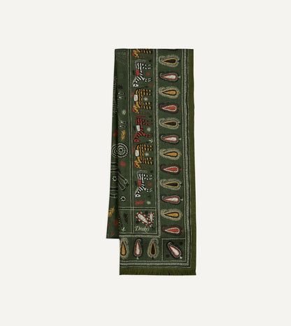 Drake's Green Rustic Elephant Print Wool-Silk Scarf