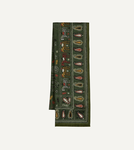Drake's Green Rustic Elephant Print Wool-Silk Scarf
