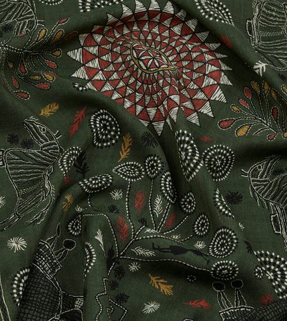 Drake's Green Rustic Elephant Print Wool-Silk Scarf