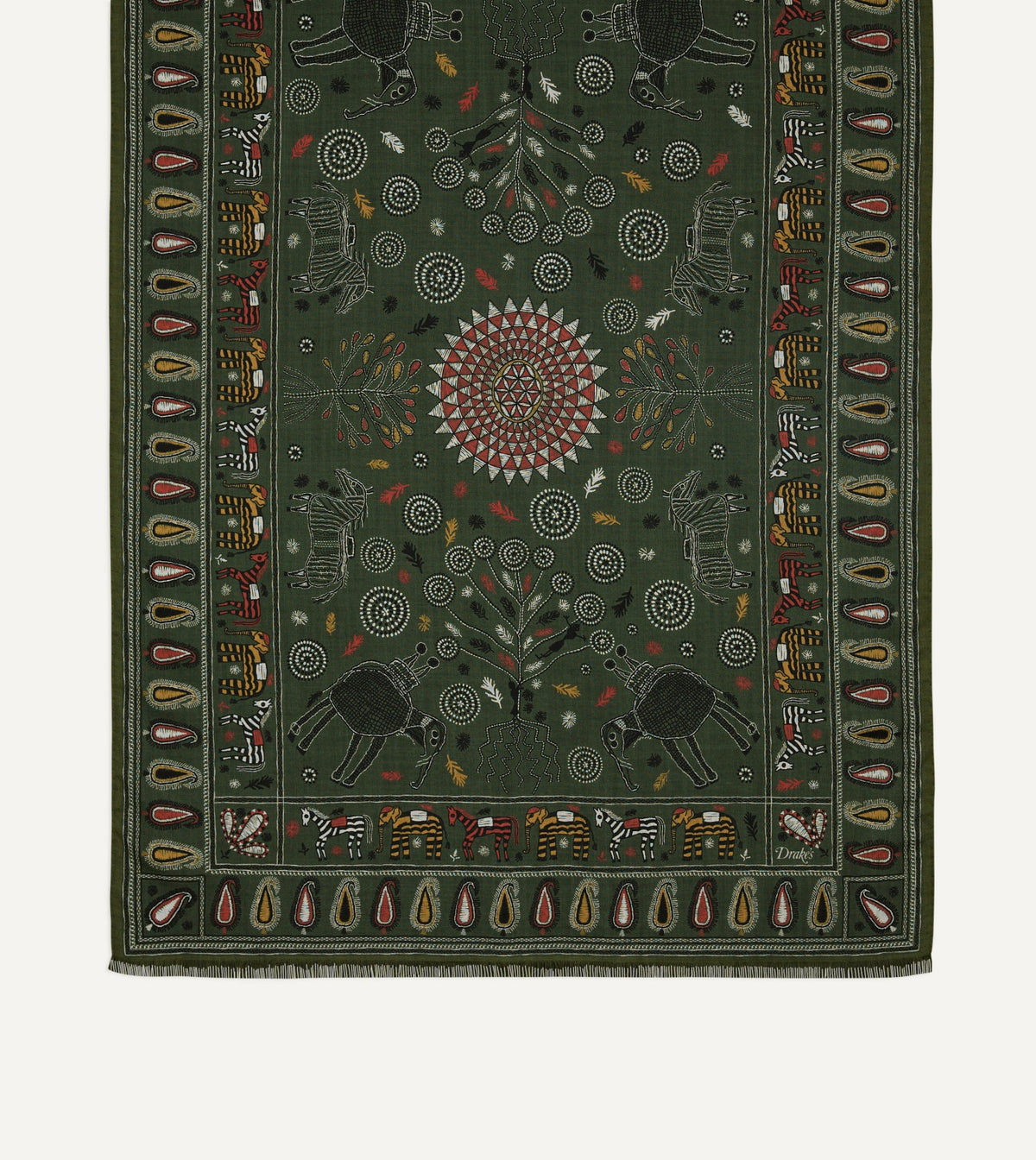 Drake's Green Rustic Elephant Print Wool-Silk Scarf