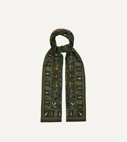 Drake's Green Rustic Elephant Print Wool-Silk Scarf