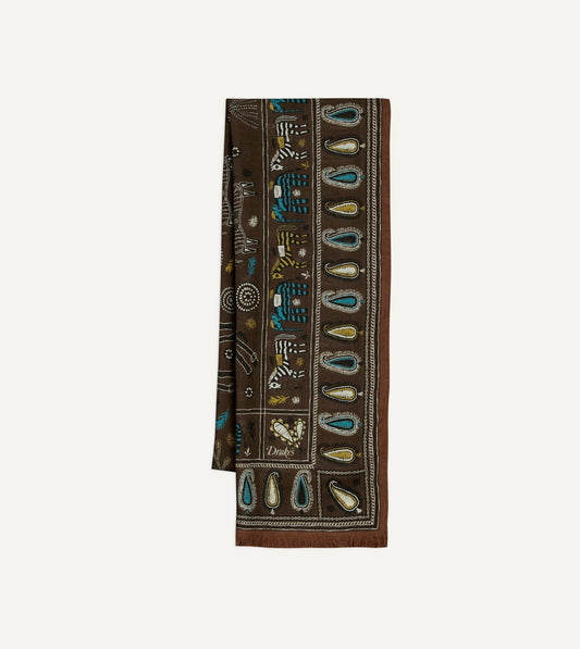 Drake's Brown Rustic Elephant Print Wool-Silk Scarf