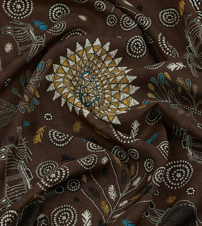 Drake's Brown Rustic Elephant Print Wool-Silk Scarf