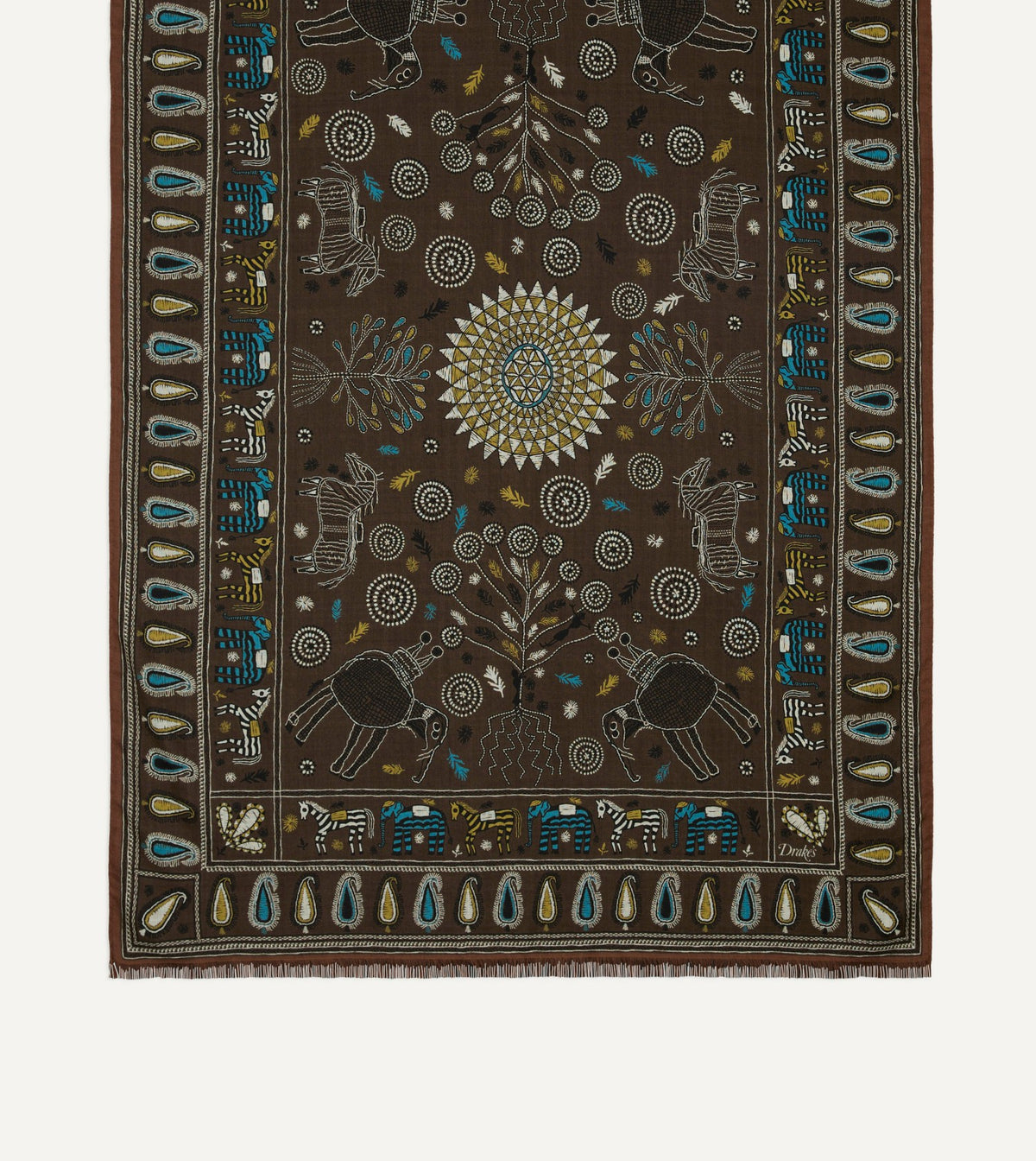 Drake's Brown Rustic Elephant Print Wool-Silk Scarf
