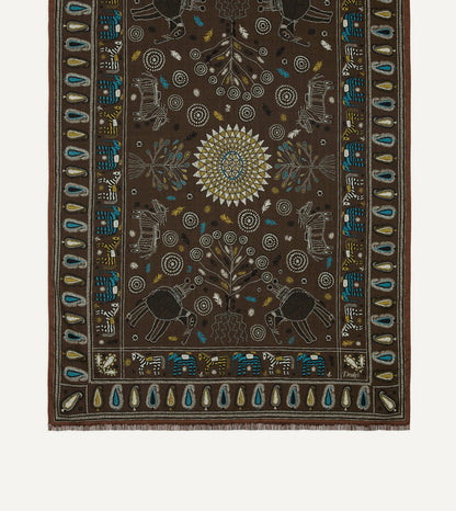 Drake's Brown Rustic Elephant Print Wool-Silk Scarf