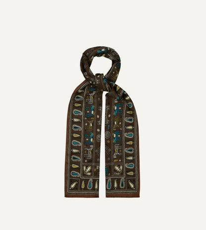 Drake's Brown Rustic Elephant Print Wool-Silk Scarf