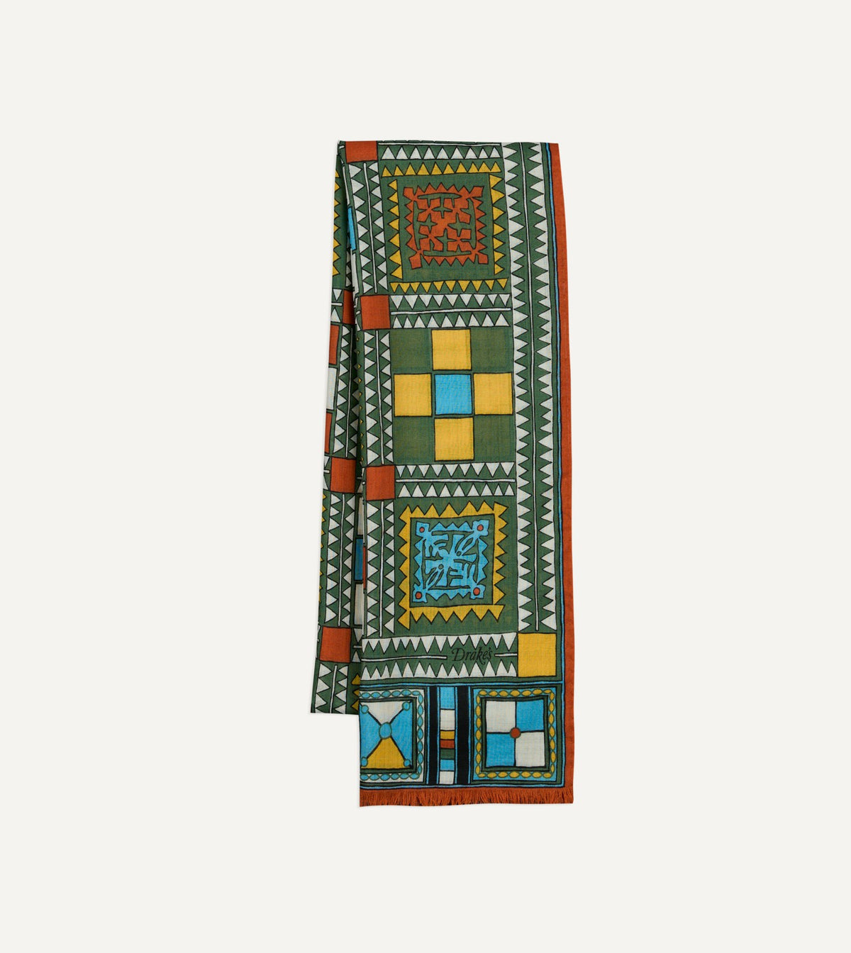 Drake's Green Geometric Print Wool Silk Scarf